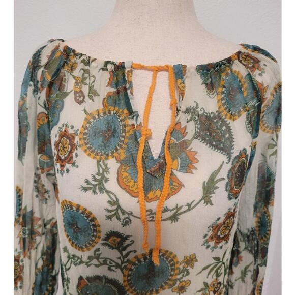 Y2k Johnny Cotton 100% Silk Sheer Floral Blouse Sz S Ivory Boho Hippie Festival - Picture 4 of 8